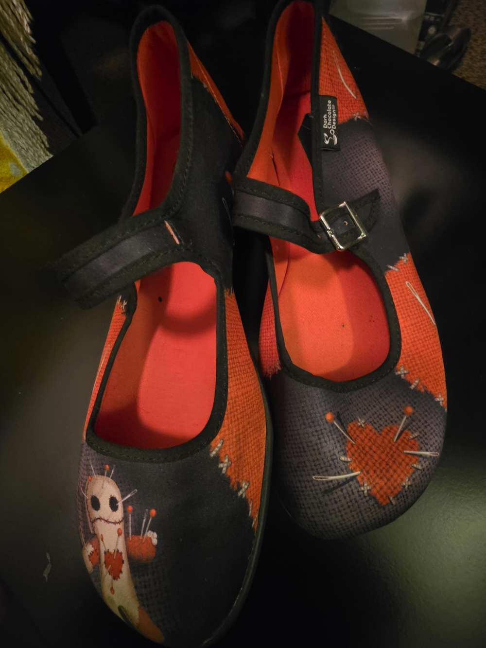 Mary Jane Dress Flats in Black & Red with VOODOO DOLL Motif